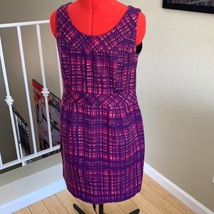 Purple plaid shift dress.